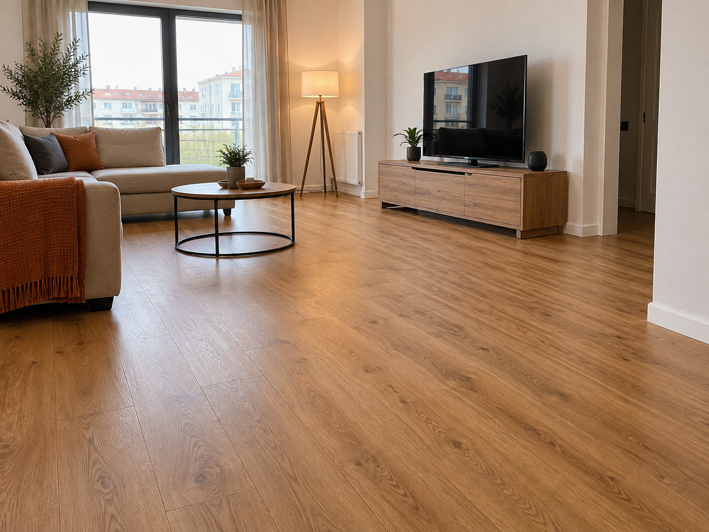 Düzgün döşenmiş meşe tonlu laminat parke ve beyaz süpürgelik
